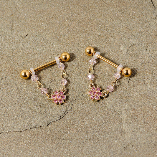 14G 5/8 Pink Gem Gold Tone Dainty Flower Dangle Nipple Ring Set