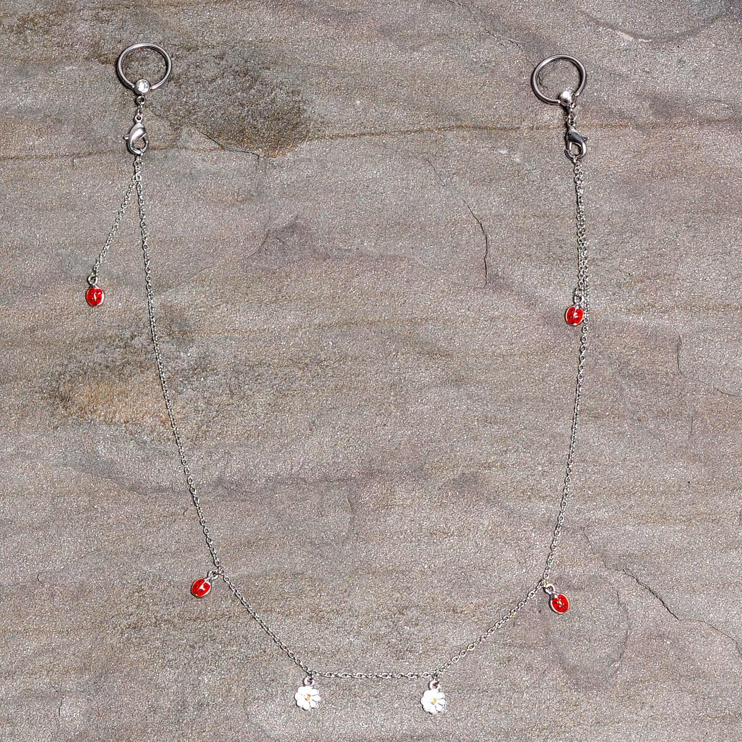 14G 9/16 Clear Gem Ladybug BCR Captive Ring Dangle Nipple Chain