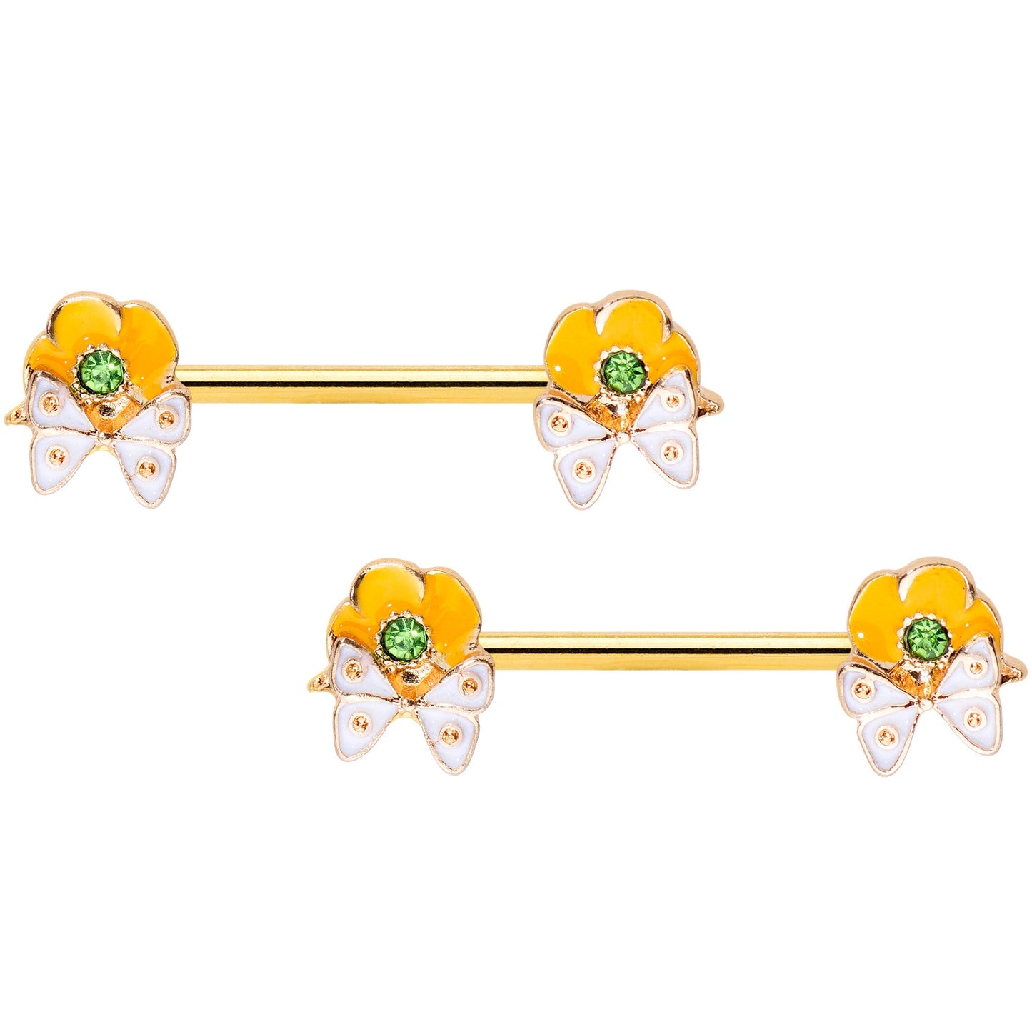 14G 9/16 Green Gem Gold Tone Butterfly Barbell Nipple Ring Set