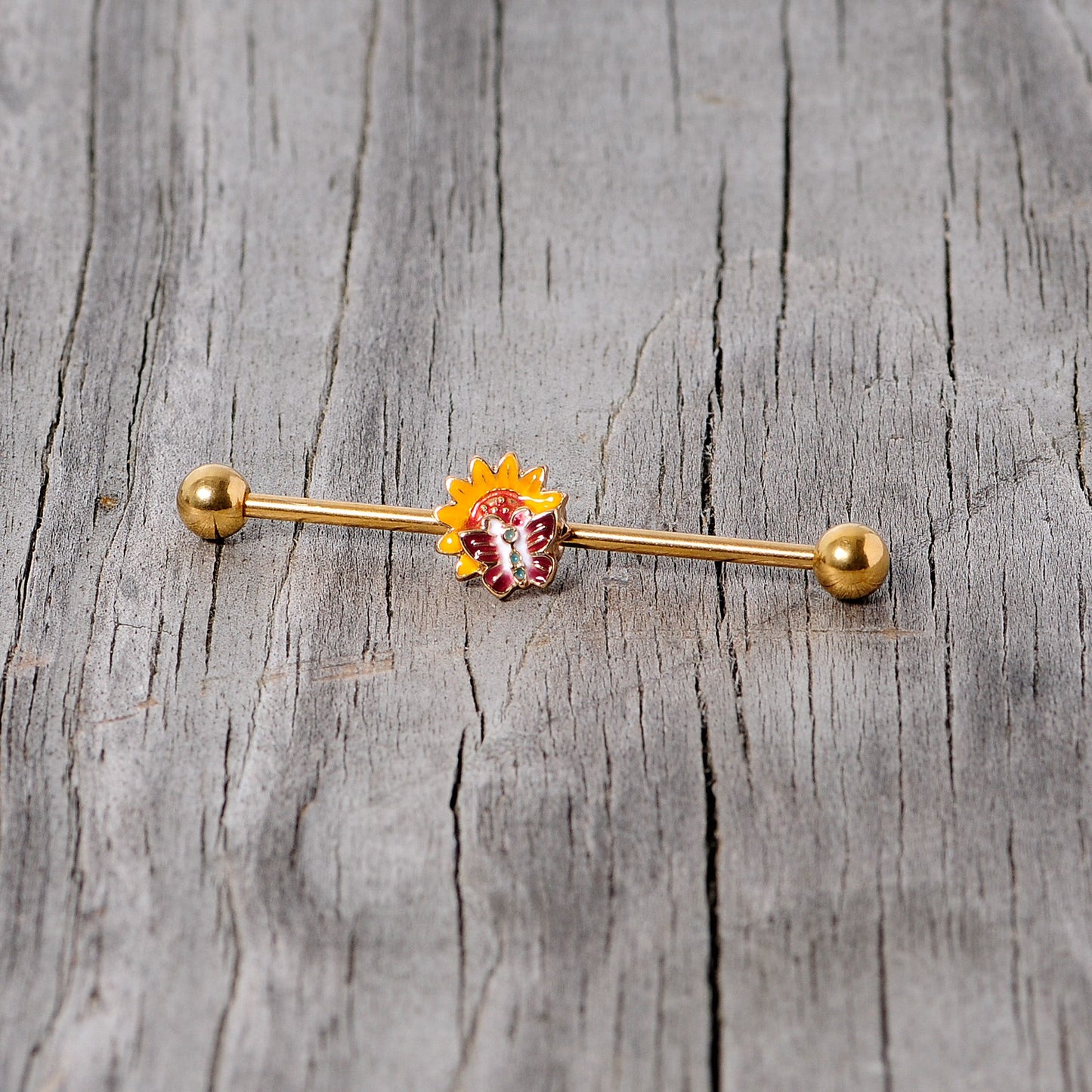 14G Gold Tone Red Yellow Butterfly Flower Industrial Barbell 38mm