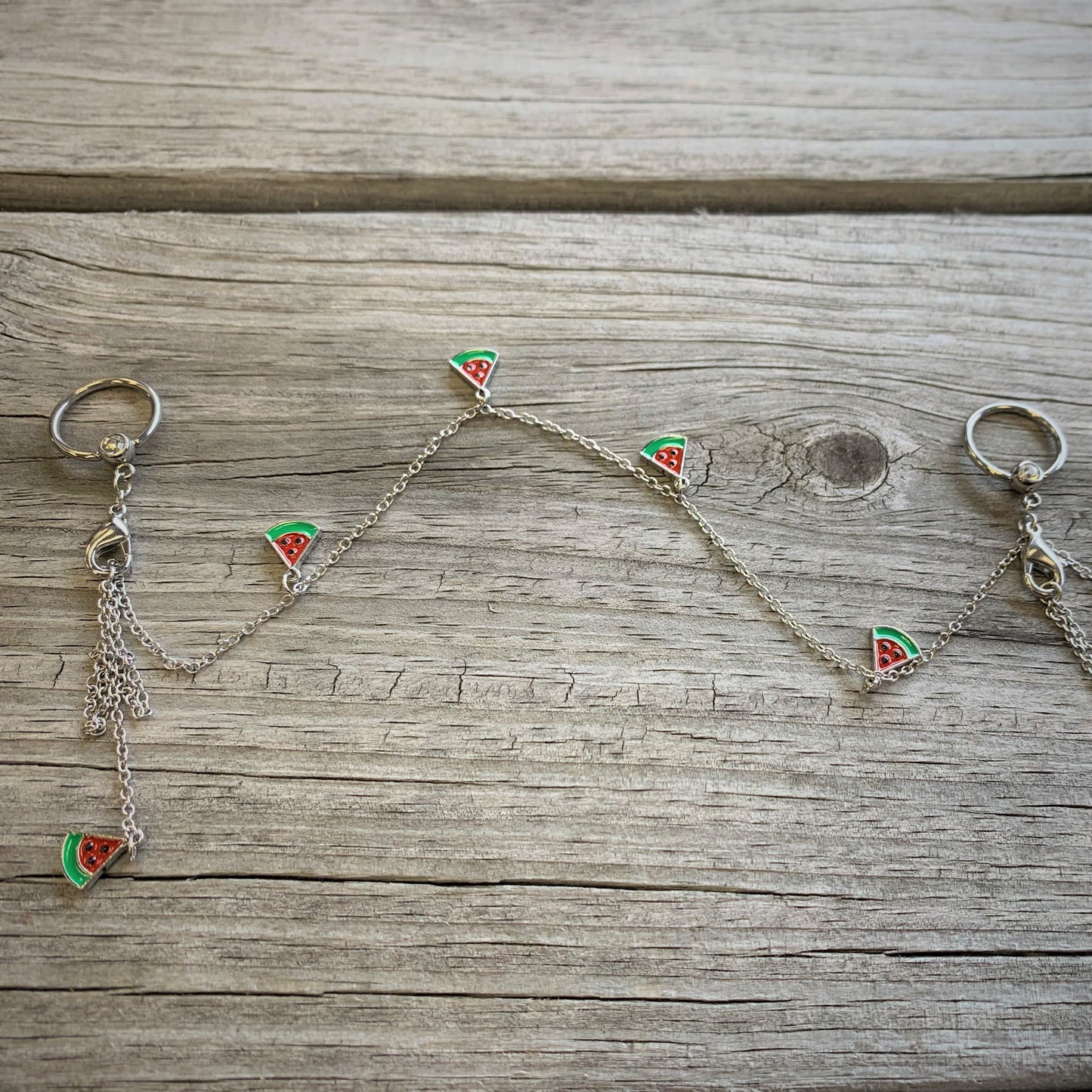 14G 9/16 Clear Gem Watermelon Captive Ring Dangle Nipple Chain