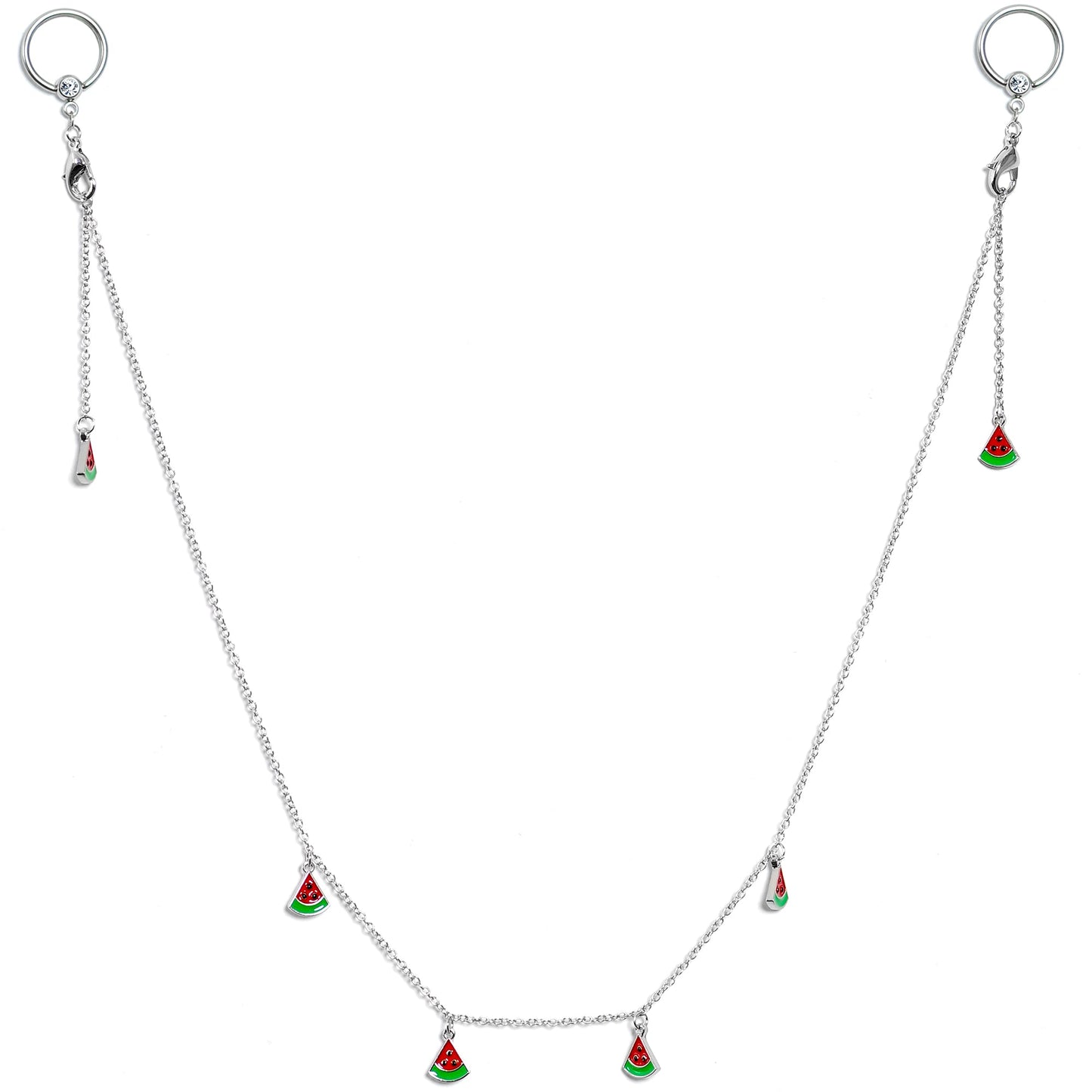 14G 9/16 Clear Gem Watermelon Captive Ring Dangle Nipple Chain