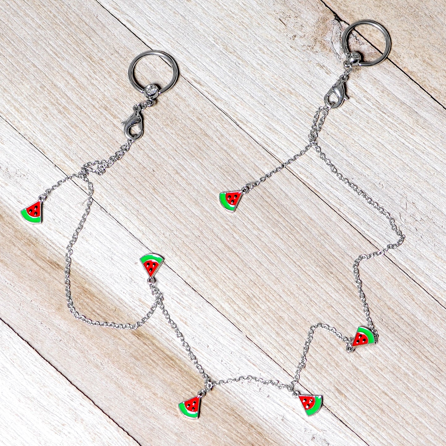 14G 9/16 Clear Gem Watermelon Captive Ring Dangle Nipple Chain