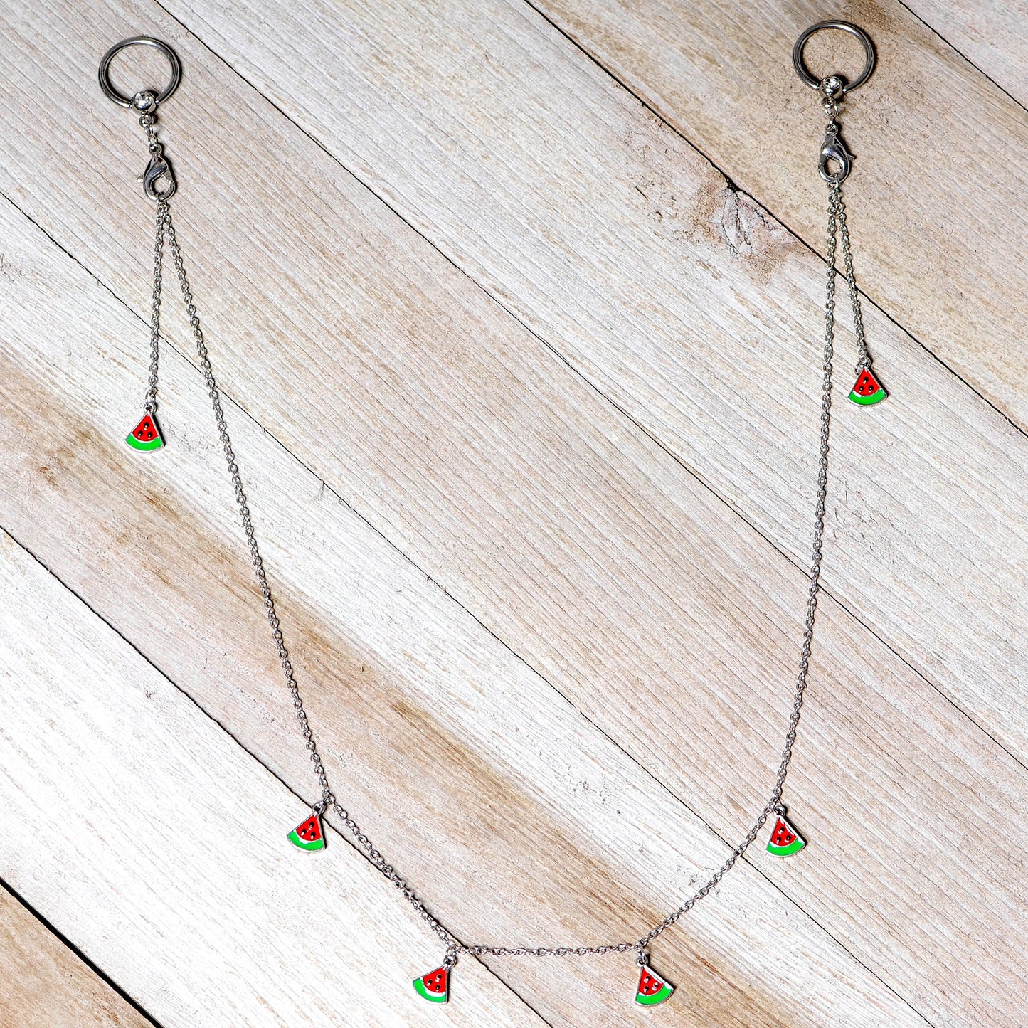 14G 9/16 Clear Gem Watermelon Captive Ring Dangle Nipple Chain