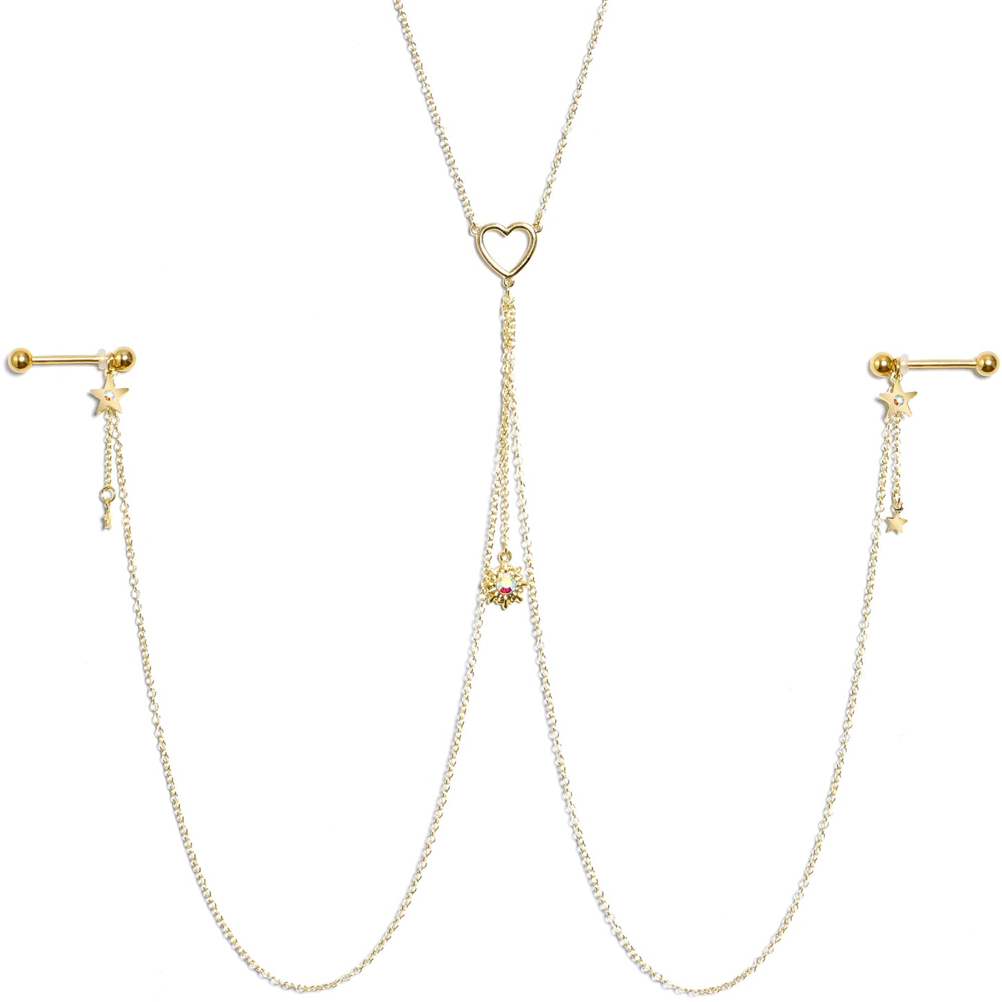 14G 5/8 Aurora Gem Gold Tone Sun Heart Star Nipple Chain Necklace