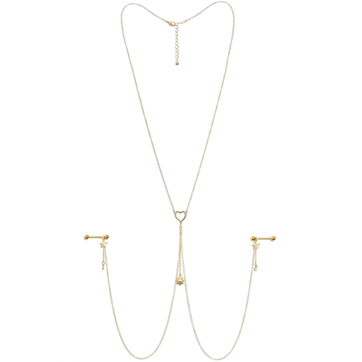 14G 5/8 Aurora Gem Gold Tone Sun Heart Star Nipple Chain Necklace