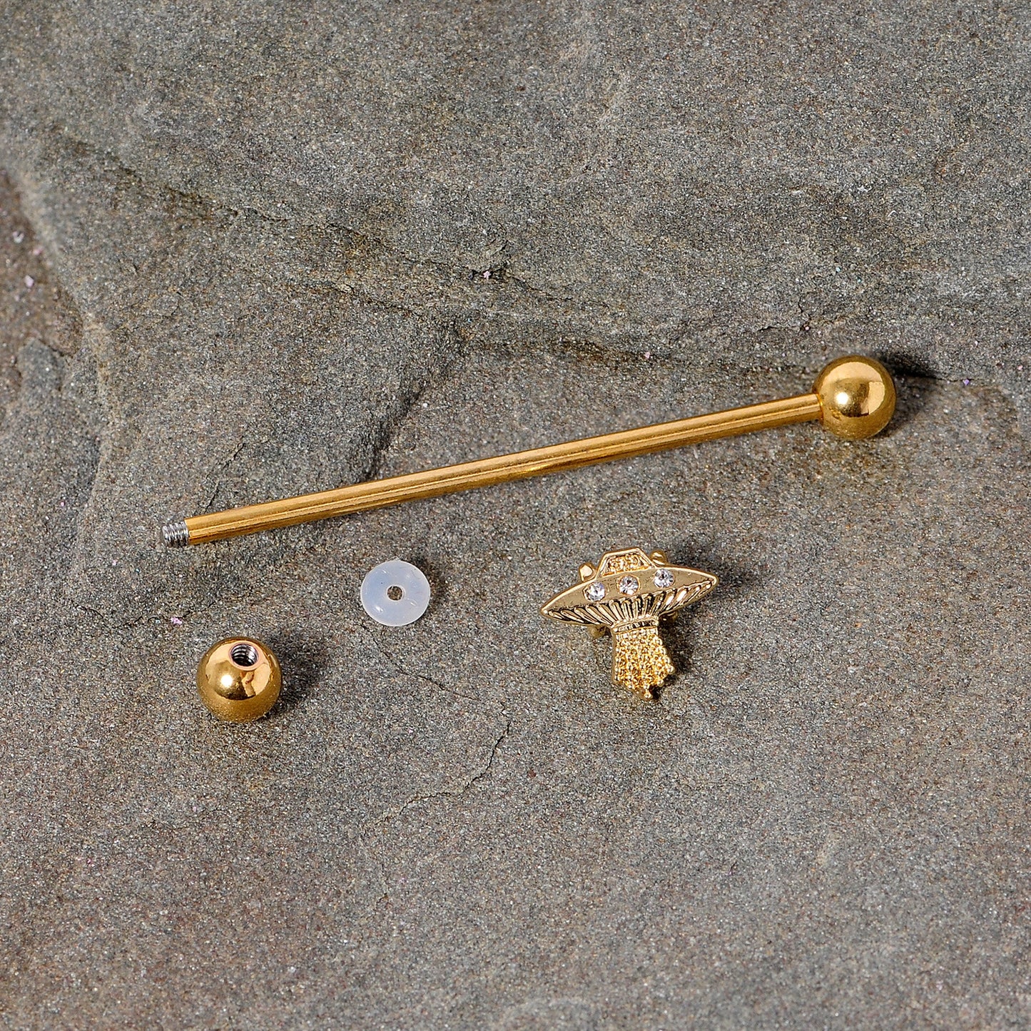 14G Clear Gem Gold Tone Alien UFO Beam Industrial Barbell 38mm