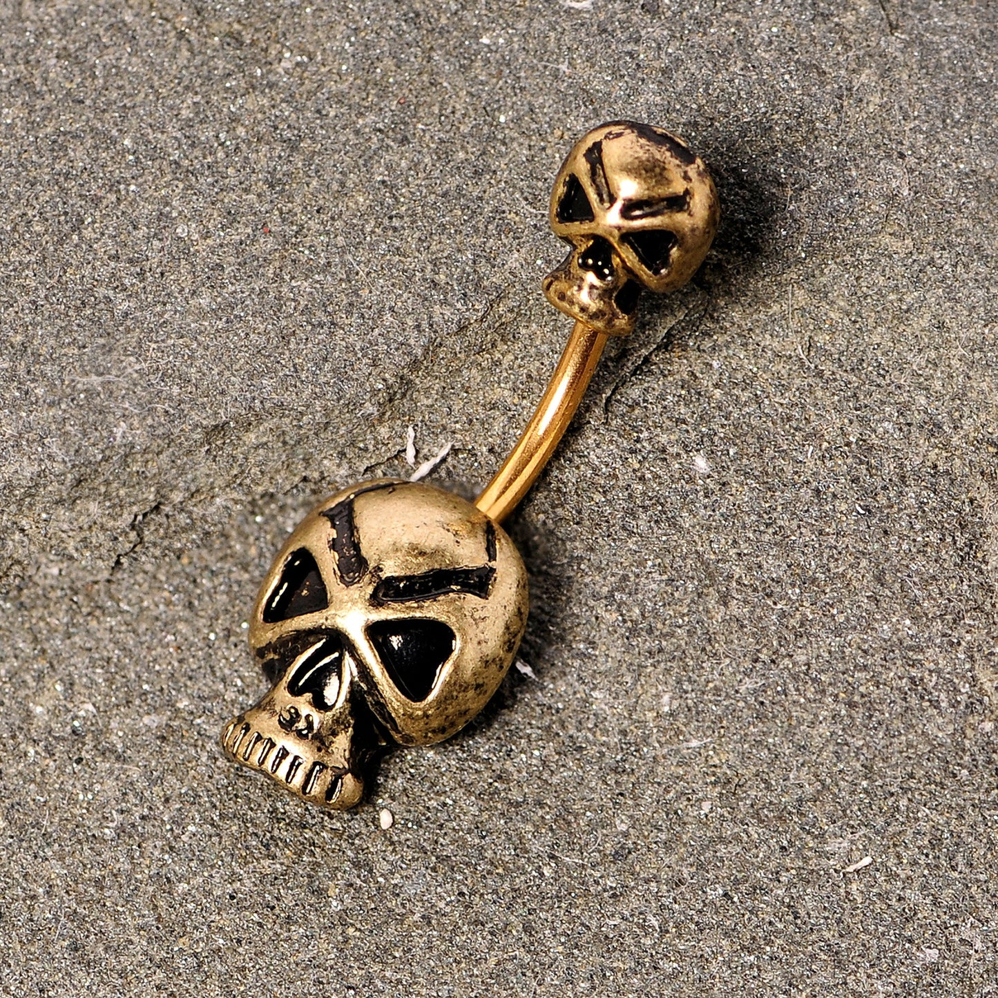 Gold Tone Scary Double Skull Halloween Double Mount Belly Ring