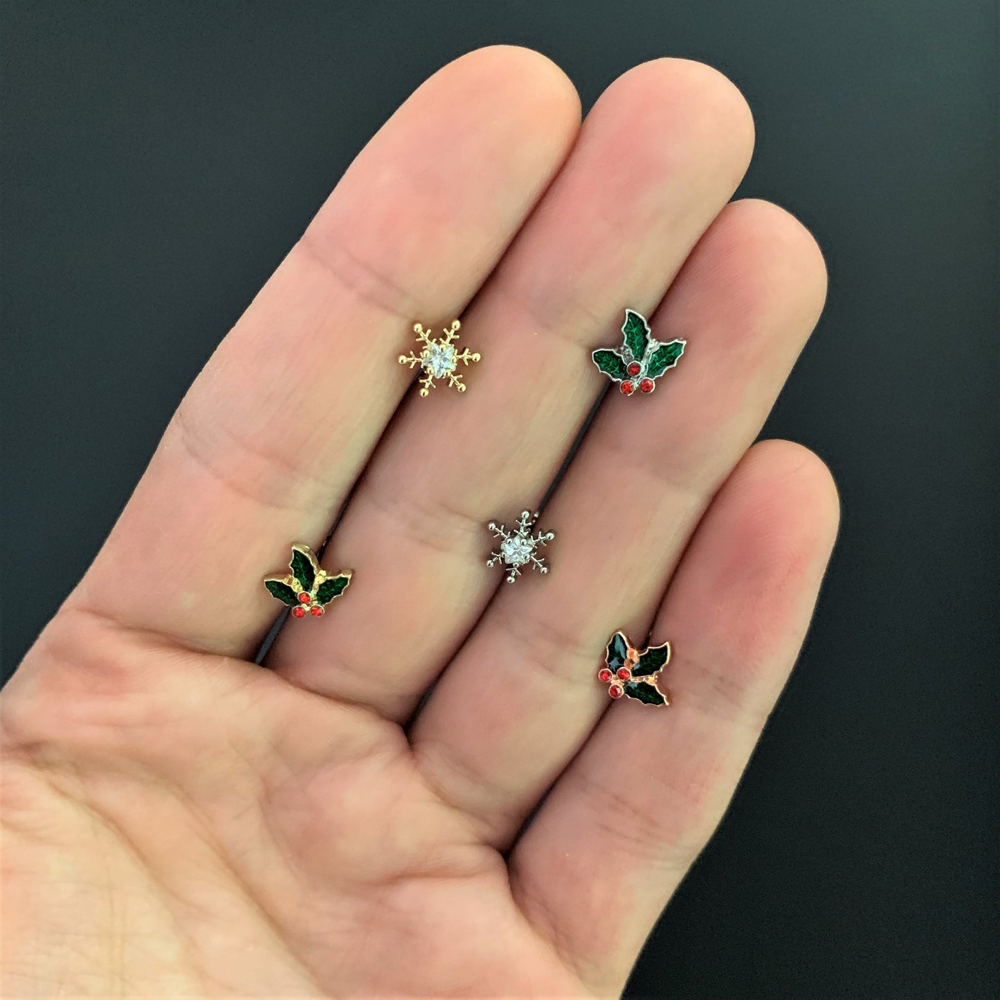 16G 1/4 Red Gem Gold Tone Mistletoe Christmas Cartilage Tragus