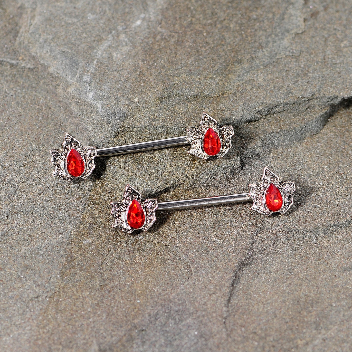 14G 5/8 Red Gem Holly Leaf Holiday Barbell Nipple Ring Set