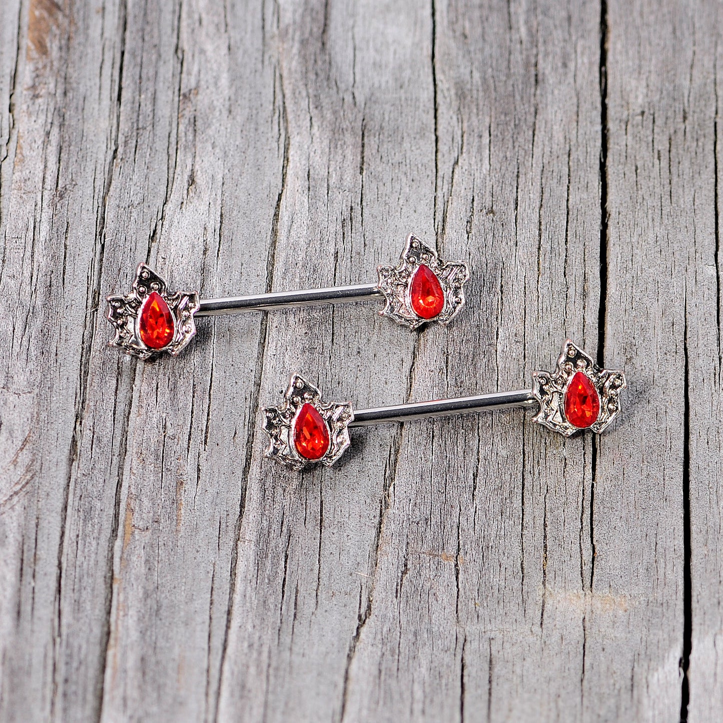 14G 5/8 Red Gem Holly Leaf Holiday Barbell Nipple Ring Set