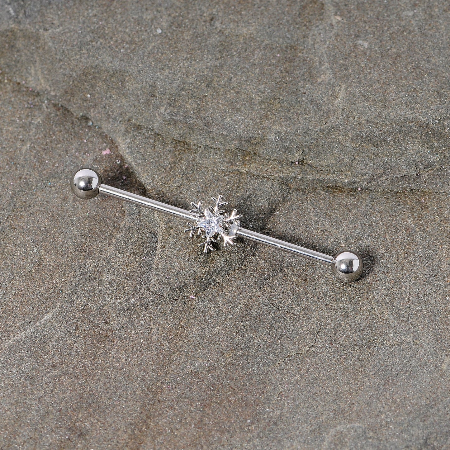 14G Clear Gem Snowflake Industrial Barbell 38mm