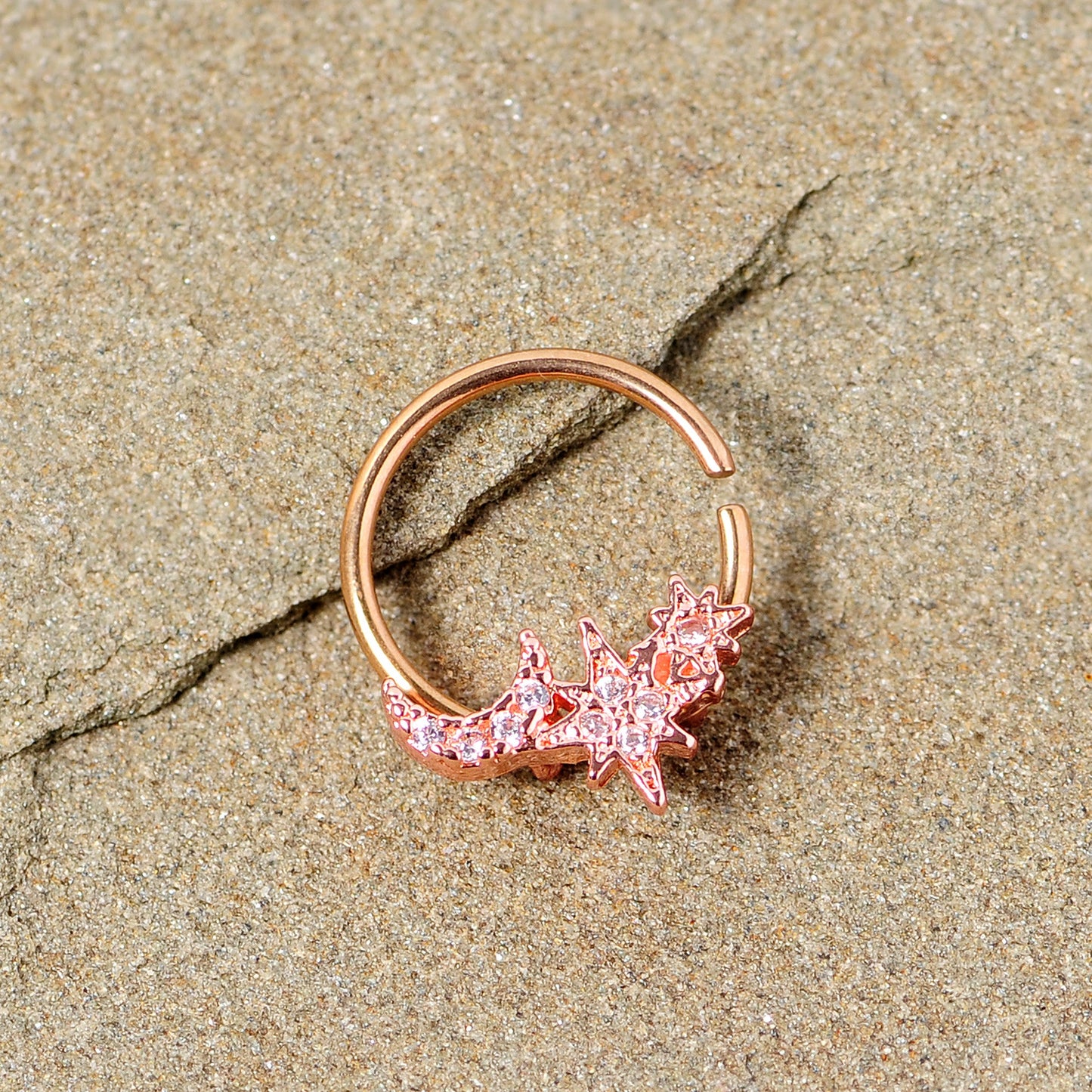 16G 3/8 Clear CZ Gem Rose Gold Tone Moon Stars Closure Ring