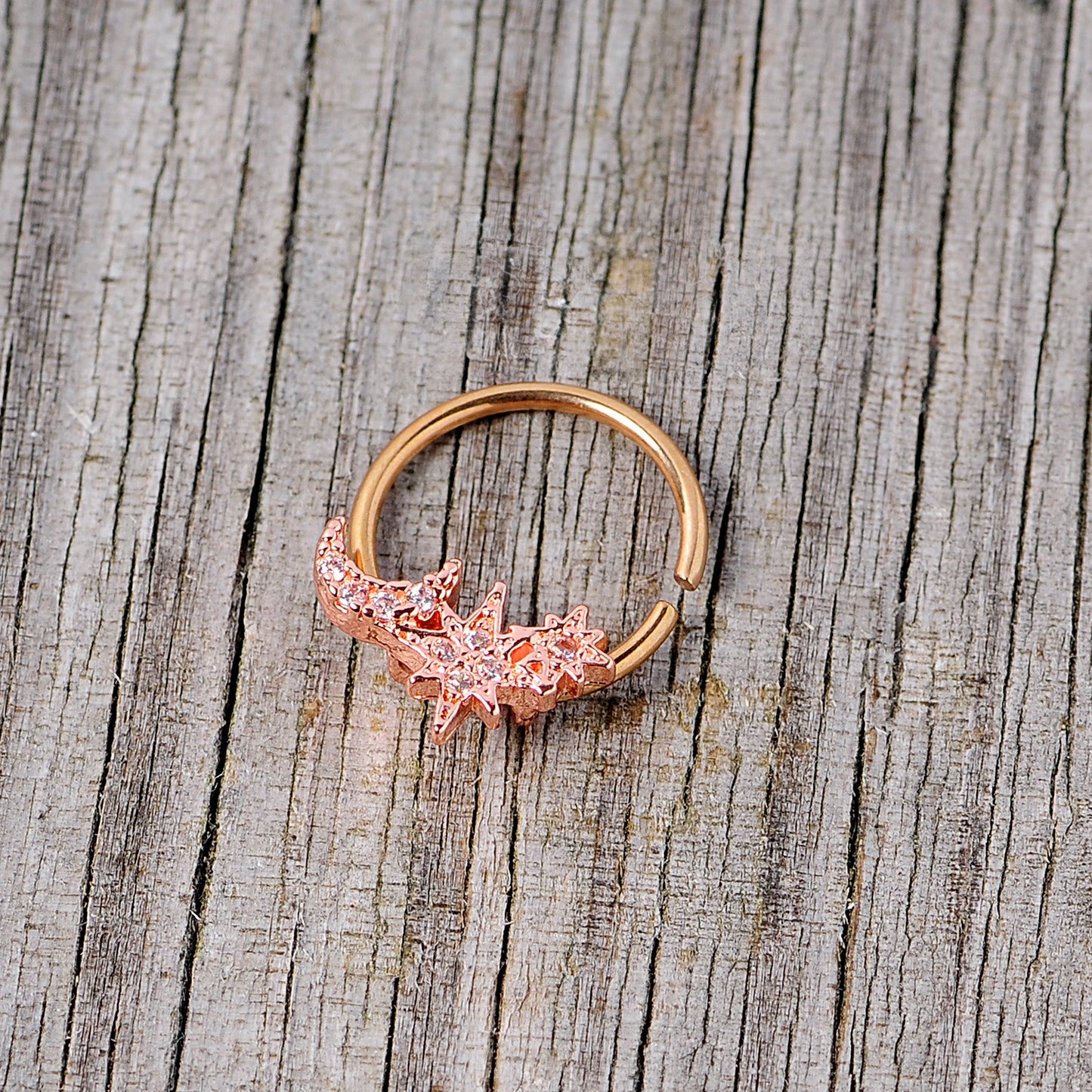 16G 3/8 Clear CZ Gem Rose Gold Tone Moon Stars Closure Ring
