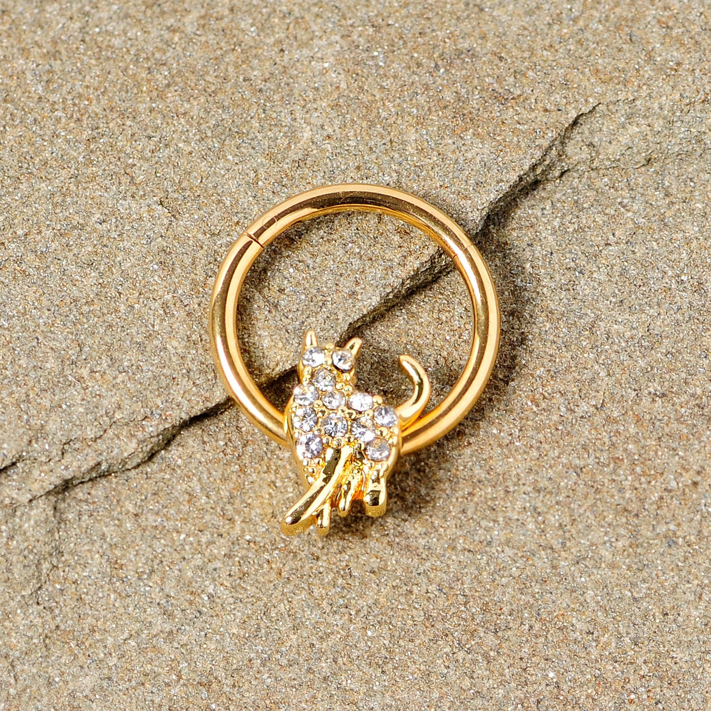 16G 3/8 Clear Gem Gold Tone Glamourpuss Cat Hinged Segment Ring