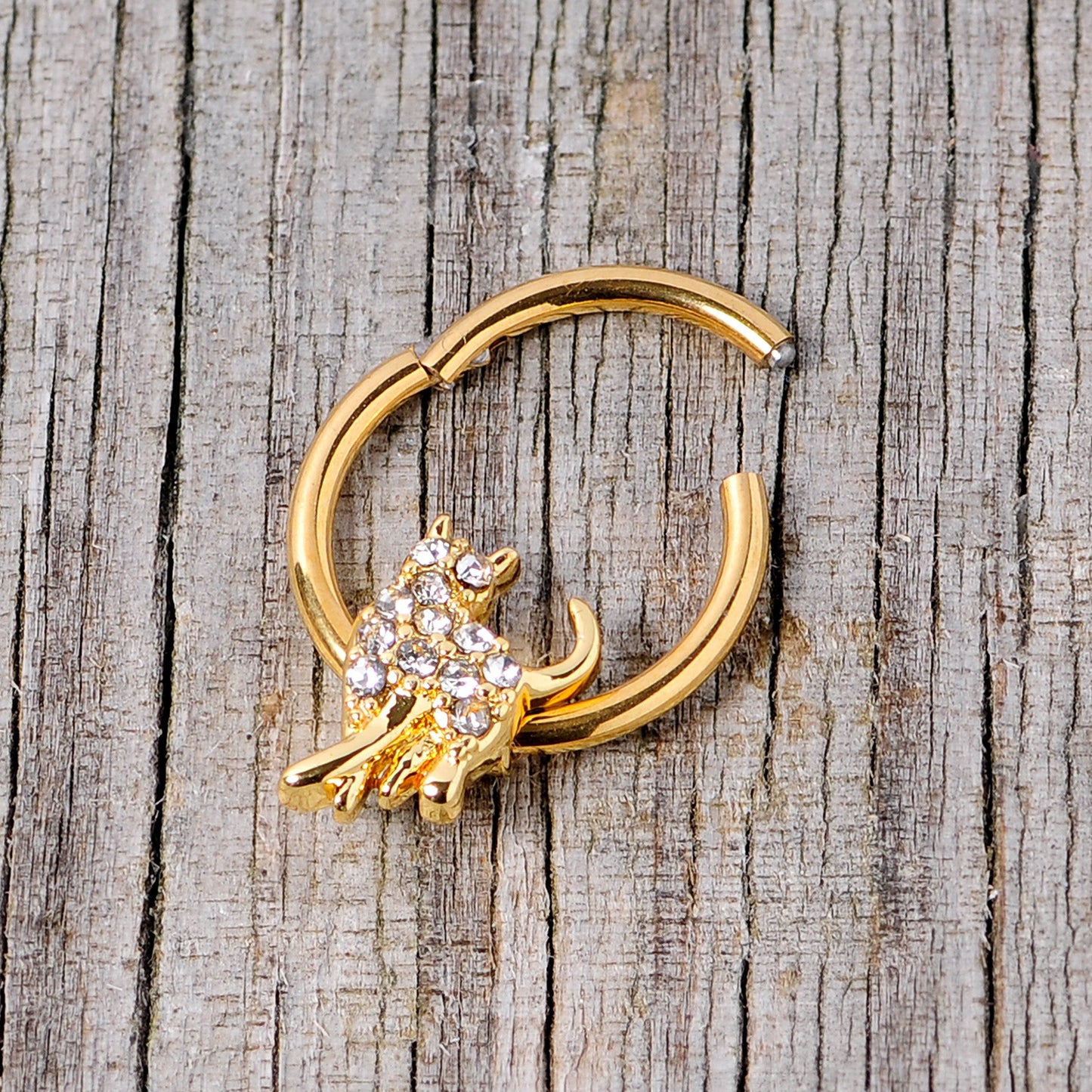 16G 3/8 Clear Gem Gold Tone Glamourpuss Cat Hinged Segment Ring