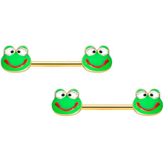 14G 9/16 Gold Tone Green Goofy Frog Barbell Nipple Ring Set