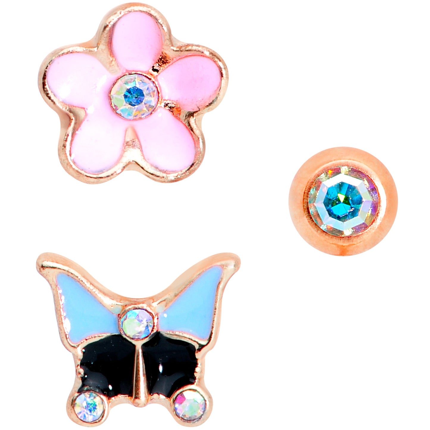 16G 1/4 Aurora Gem Rose Gold Tone Flower Cartilage Tragus Set of 3