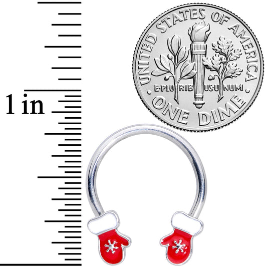 14G 9/16 Red White Mittens Christmas Horseshoe Nipple Ring Set