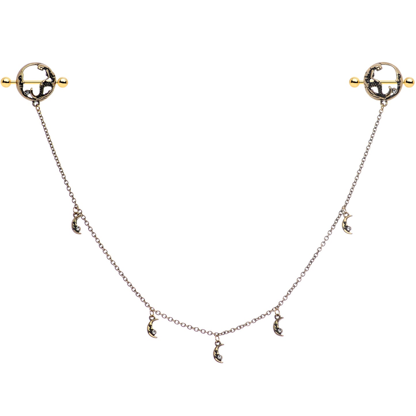 14G Clear Gem Gold Tone Moon Mermaid Nipple Shield Dangle Chain