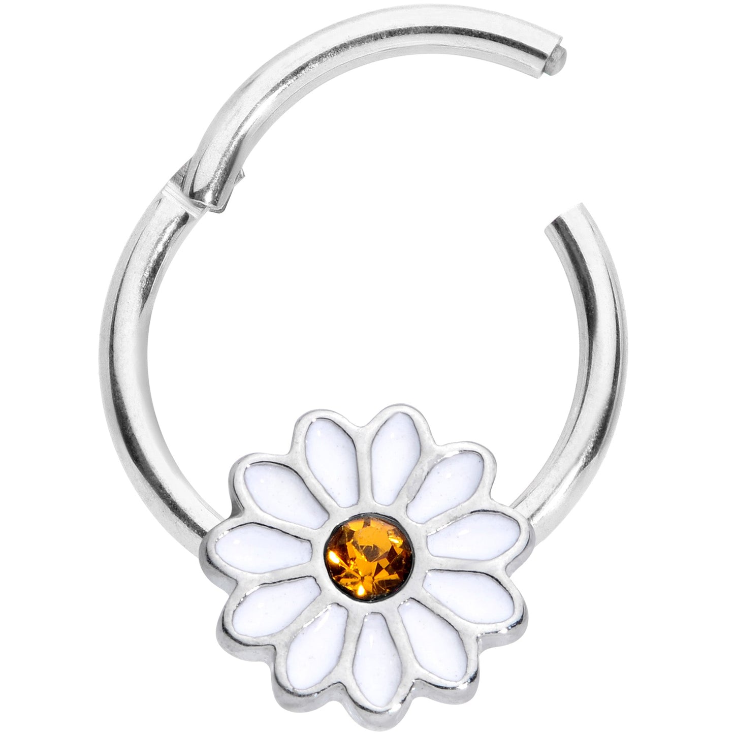 16G 3/8 Yellow Gem Hippie White Daisy Flower Hinged Segment Ring