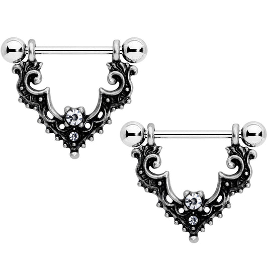 14G 9/16 Clear Gem Baroque Bat Nipple Shield Set