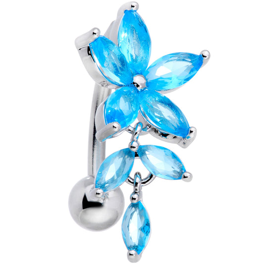 Aqua CZ Gem Fashion Flower Dangle Top Mount Belly Ring