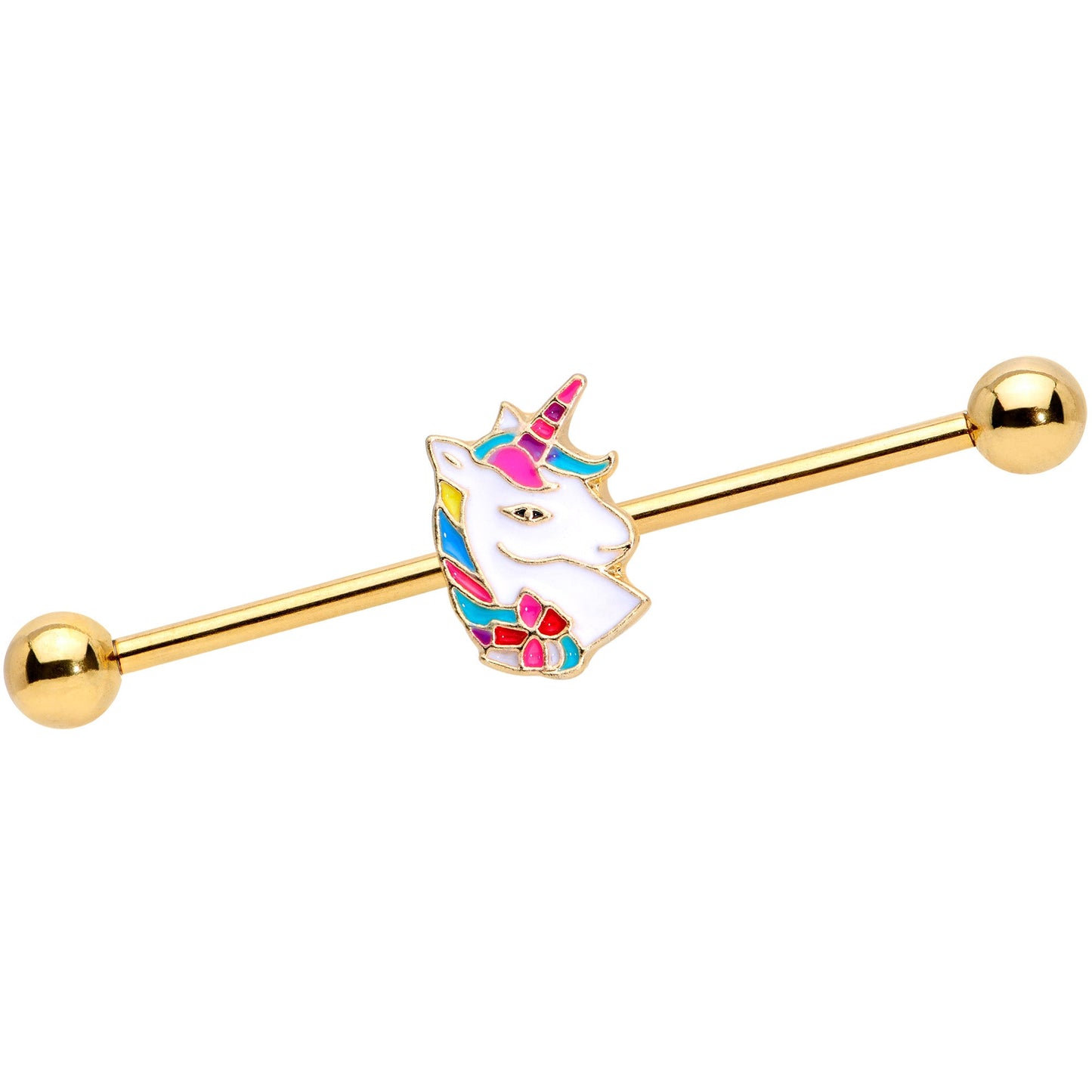 14G Gold Tone Rainbow Unicorn Industrial Barbell 38mm