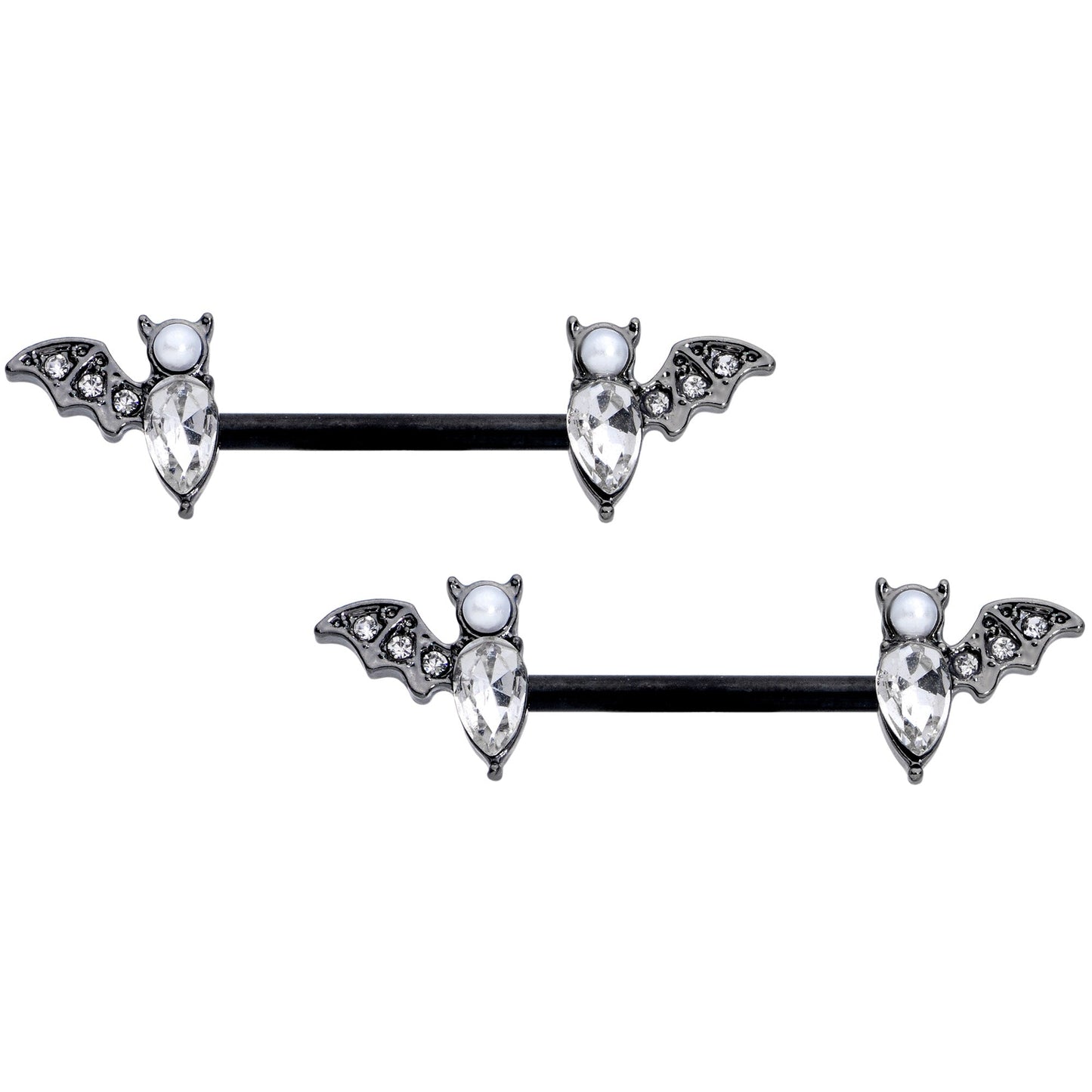 14G 9/16 Clear Gem Black Bat Halloween Barbell Nipple Ring Set