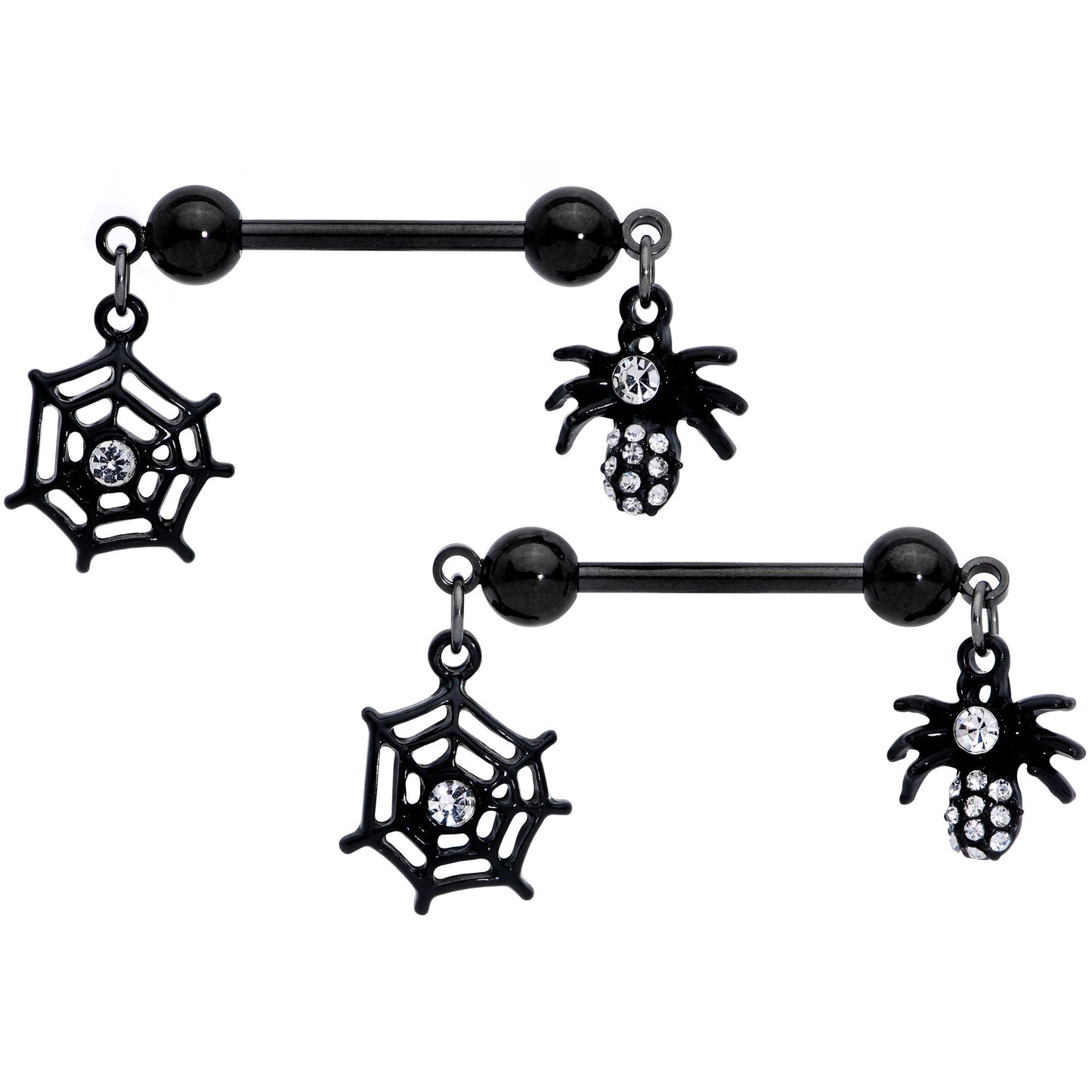 14G 9/16 Clear Gem Black Spider Web Dangle Barbell Nipple Ring Set