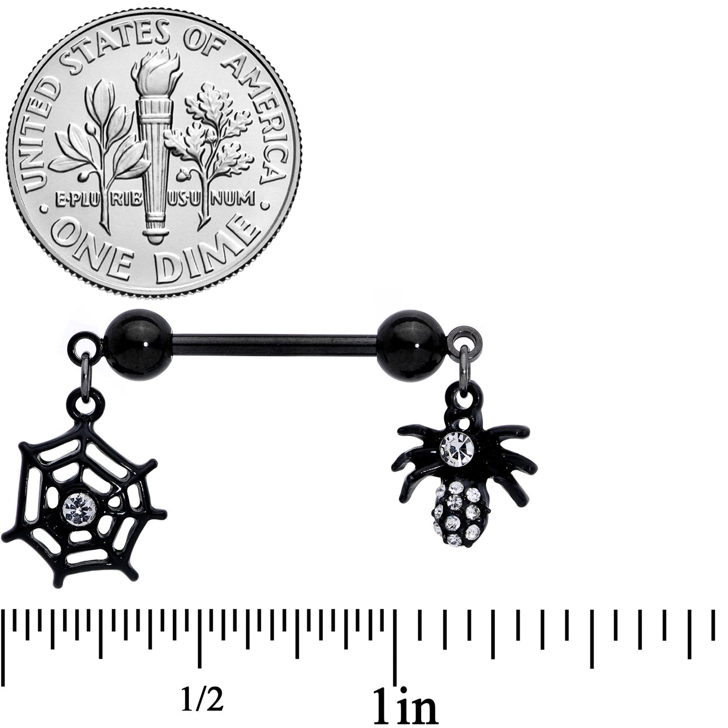 14G 9/16 Clear Gem Black Spider Web Dangle Barbell Nipple Ring Set