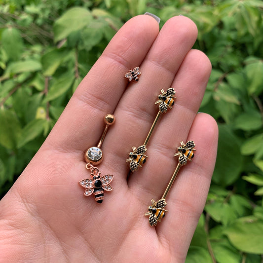 14G 9/16 Black Gem Gold Tone Bumblebees Barbell Nipple Ring Set