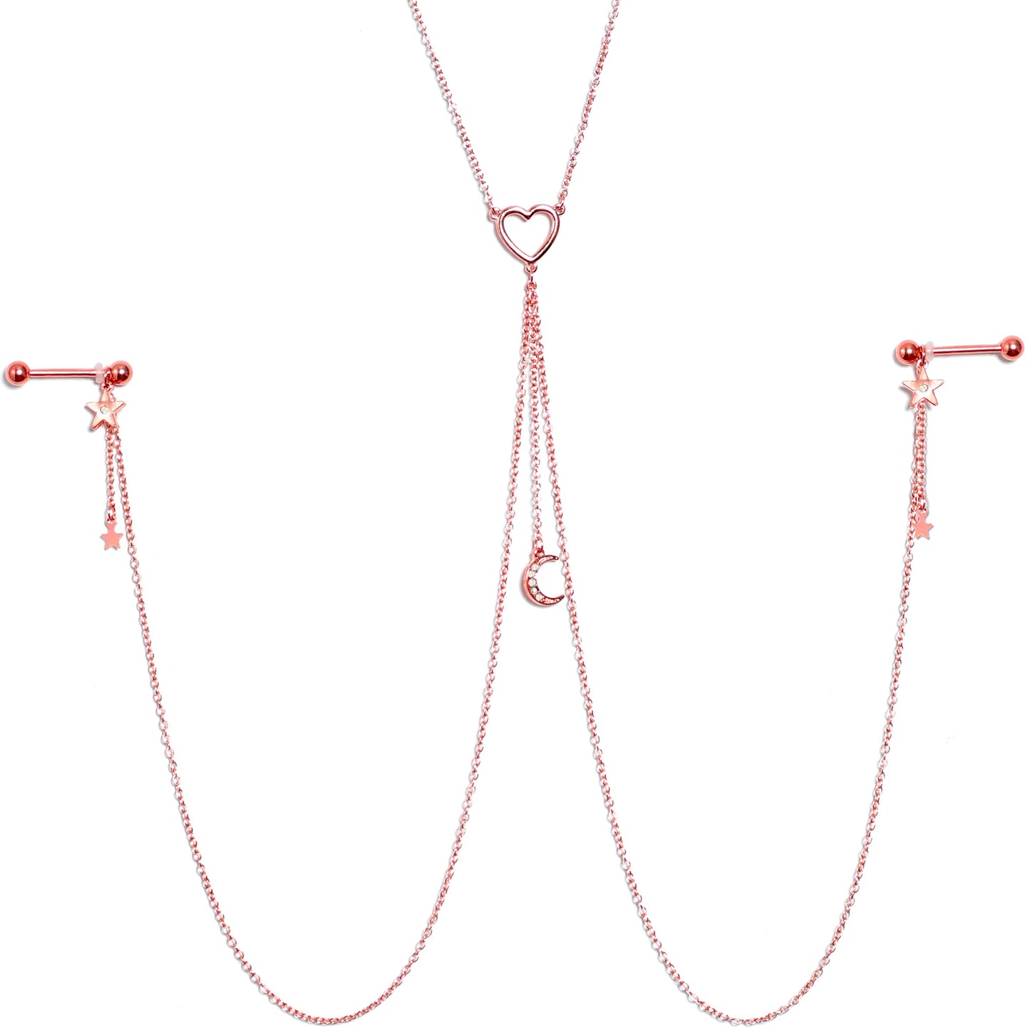 14G 5/8 Aurora Gem Rose Gold Hue Star Moon Nipple Chain Necklace