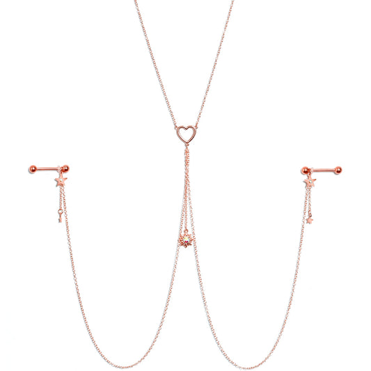 14G 5/8 Aurora Gem Rose Gold Hue Star Sun Nipple Chain Necklace