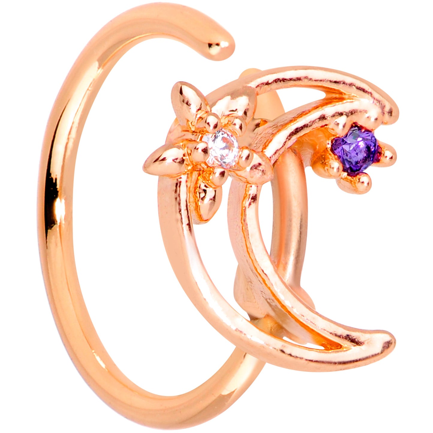20G 5/16 Clear Blue CZ Gem Rose Gold Tone Moon Nose Hoop