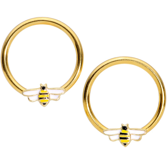 14G 9/16 Gold Tone Black White Bee BCR Captive Nipple Ring Set