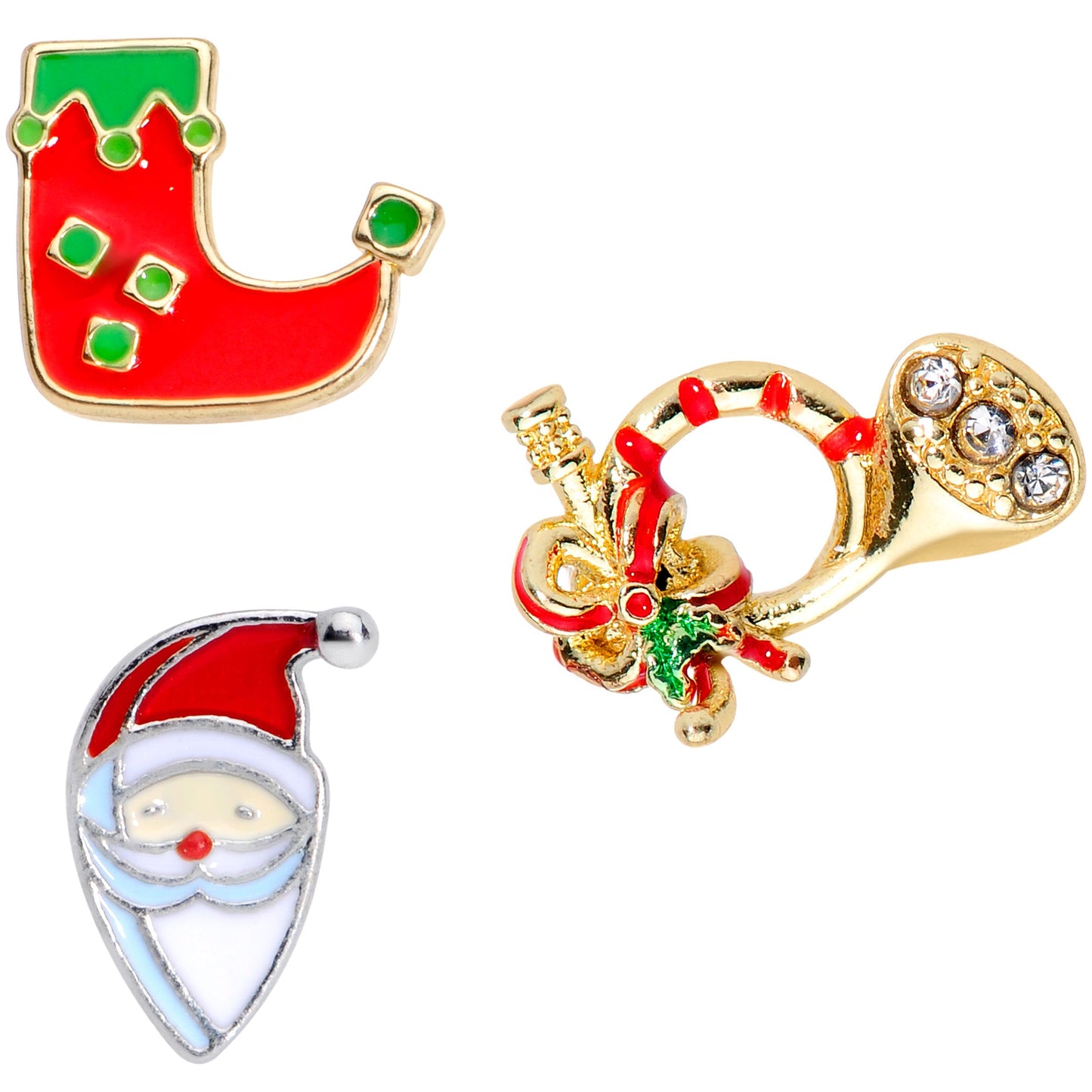 16G 1/4 Gold Tone Santa Merry Christmas Cartilage Tragus Set of 3