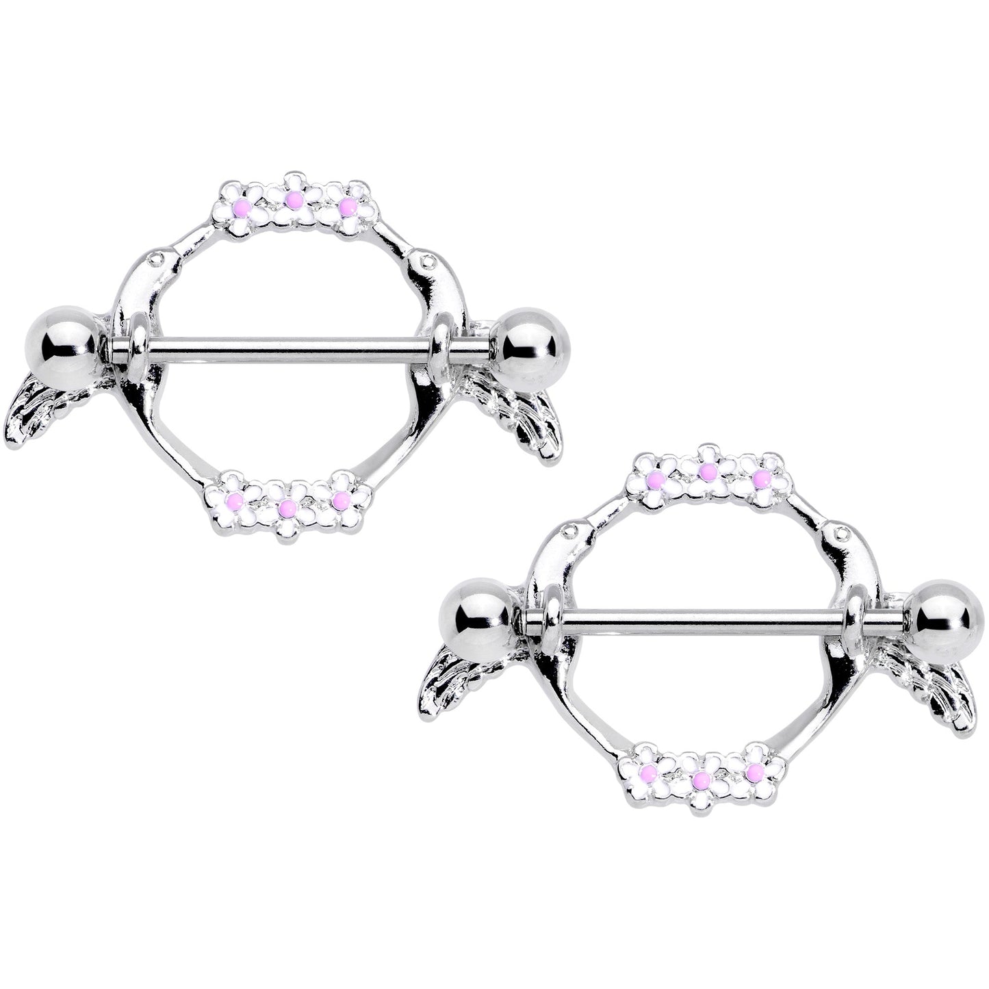14G 9/16 Pink White Flower Hummingbird Nipple Shield Set