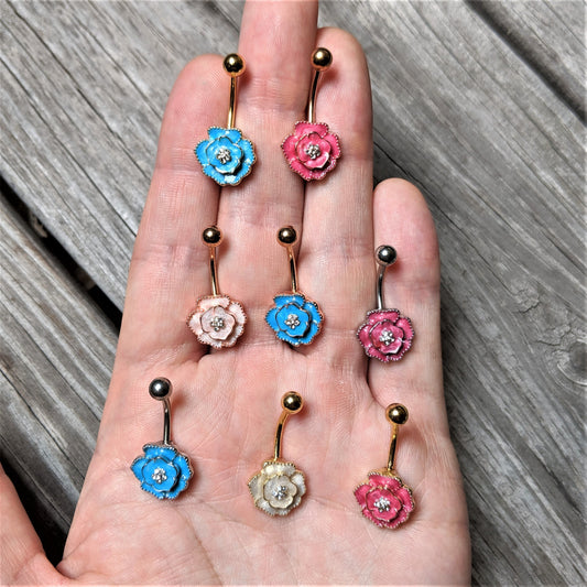 Clear Gem Gold Tone Pink Rose Reversible Belly Ring
