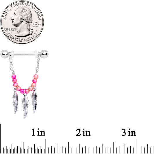14G 1/2 Pink Peach Bead Feather Dangle Nipple Ring Set