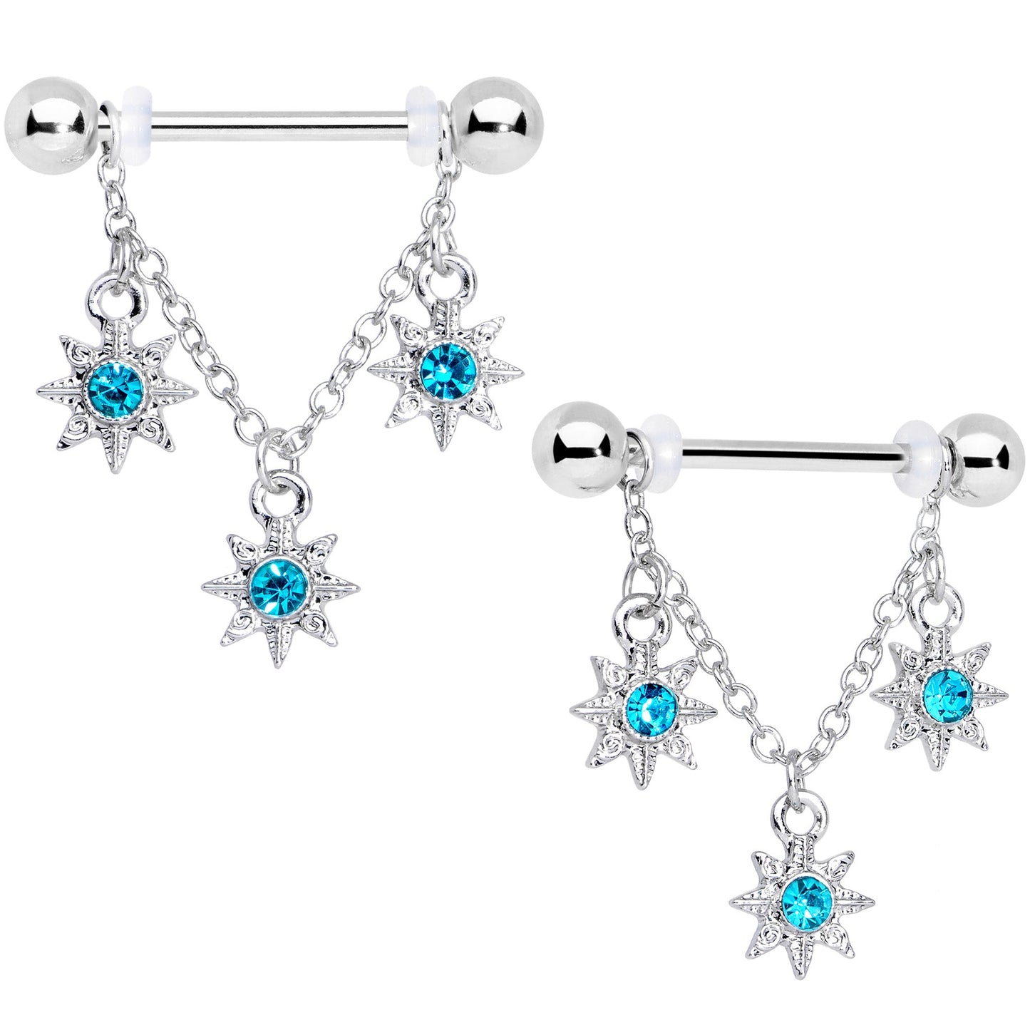 14G 1/2 Aqua Gem Trio Stars Chain Dangle Nipple Ring Set