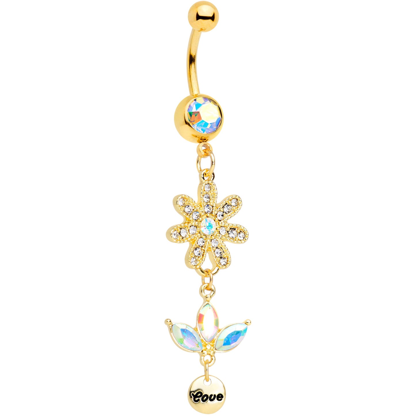 Aurora Gem Gold Tone Flower Leaves Love Dangle Belly Ring