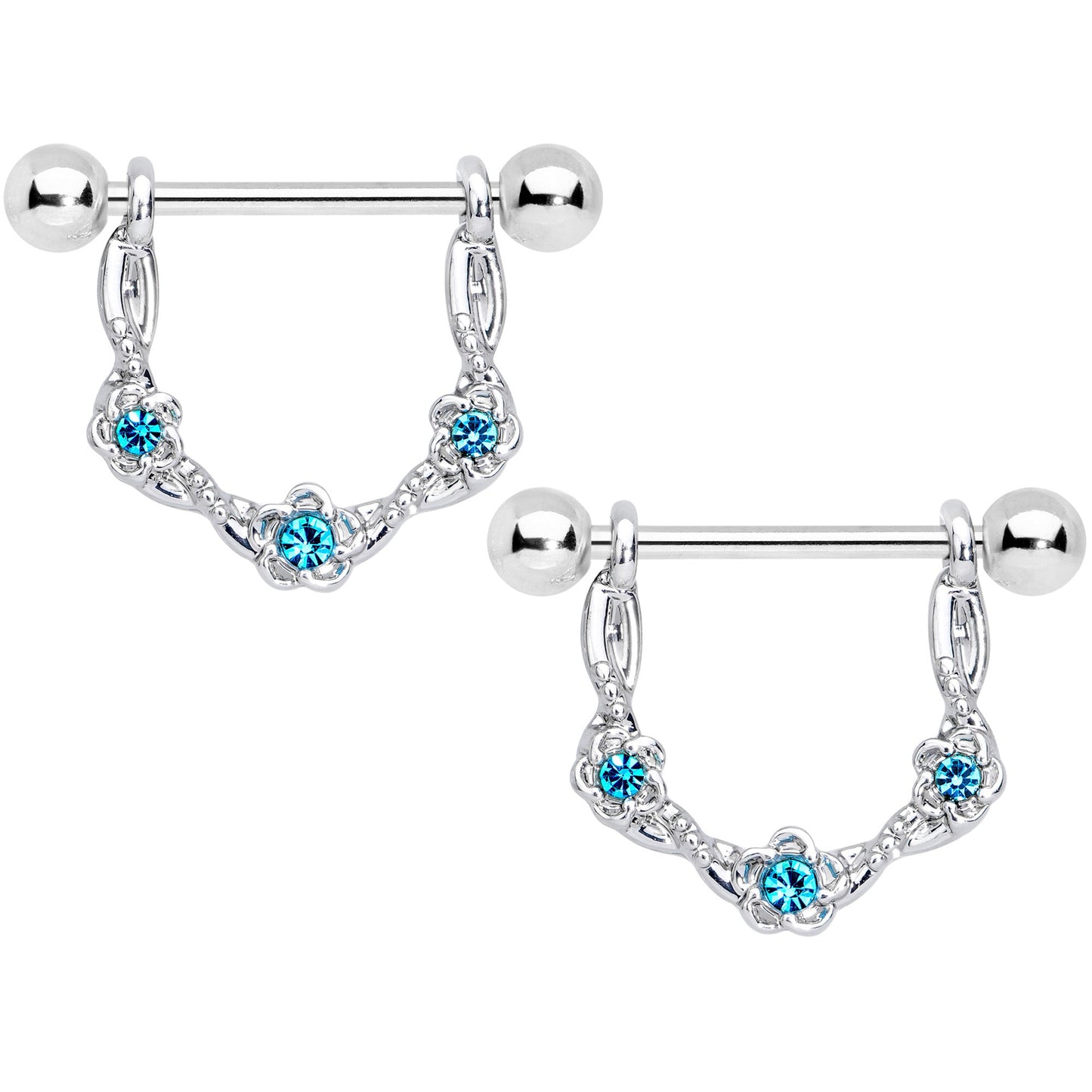 14G 3/4 Aqua Gem Knotted Flower Dangle Nipple Ring Set