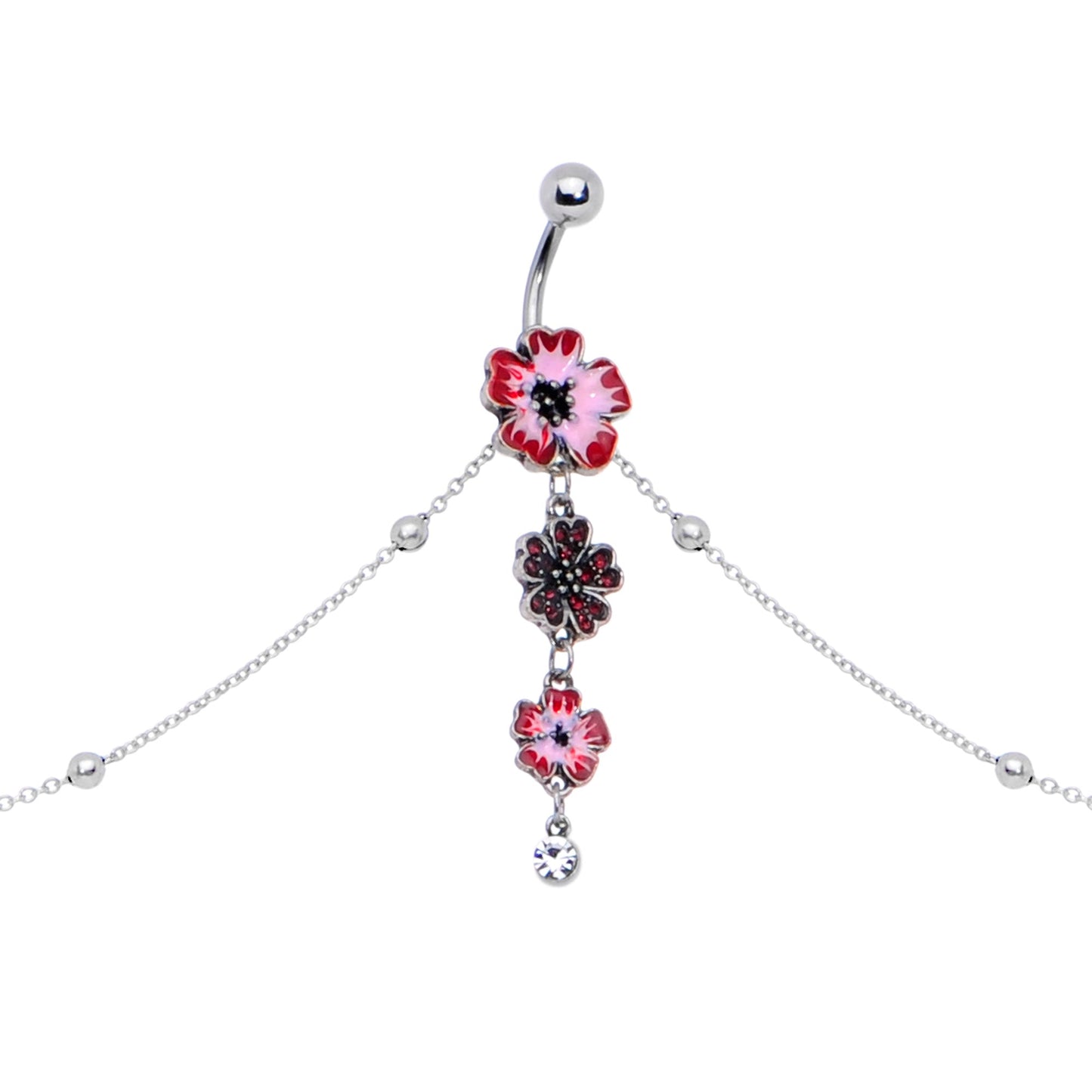 Clear Pink Gem Pink Tropical Flower Dangle Belly Ring Belly Chain