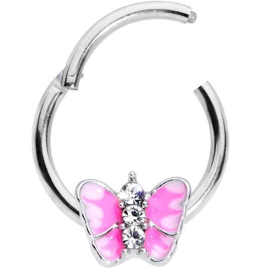 16G 3/8 Clear Gem Pink Butterfly Septum Ring
