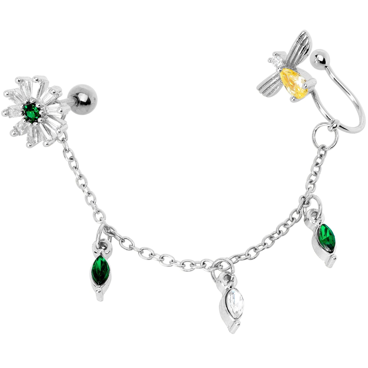 16G 1/4 Yellow Green Gem Angel Cuff Chain Left Cartilage Tragus