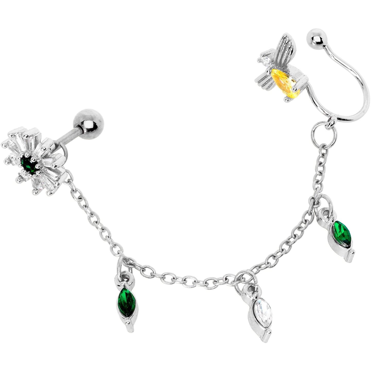 16G 1/4 Yellow Green Gem Angel Cuff Chain Left Cartilage Tragus