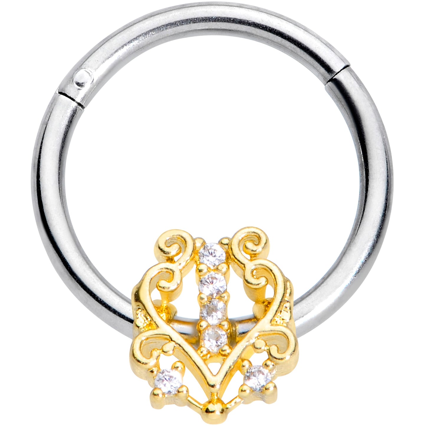 16G 3/8 Clear CZ Gem Fancy Heart Hinged Segment Ring