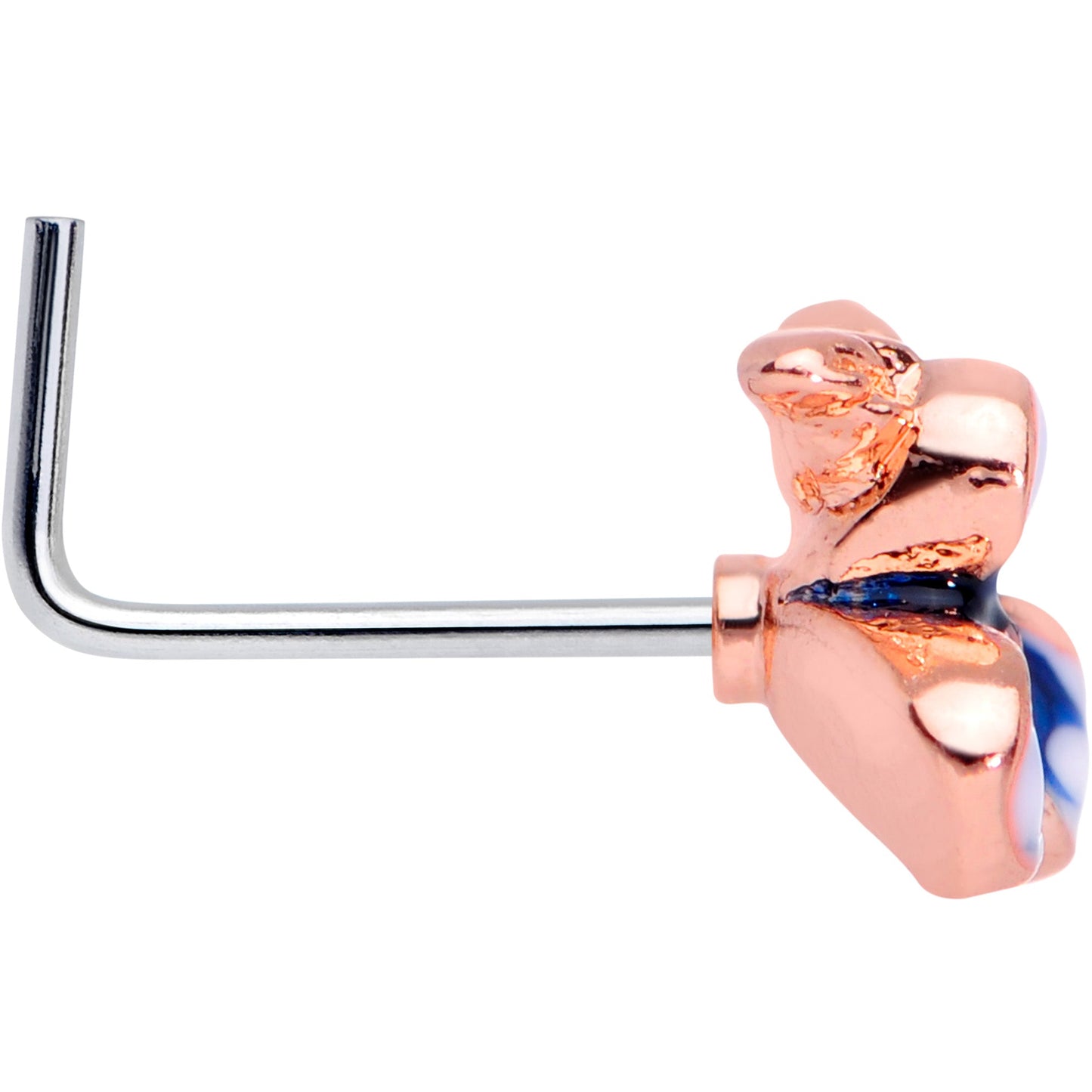 20G 5/16 Rose Gold Tone Blue White Flower L Shaped Nose Ring