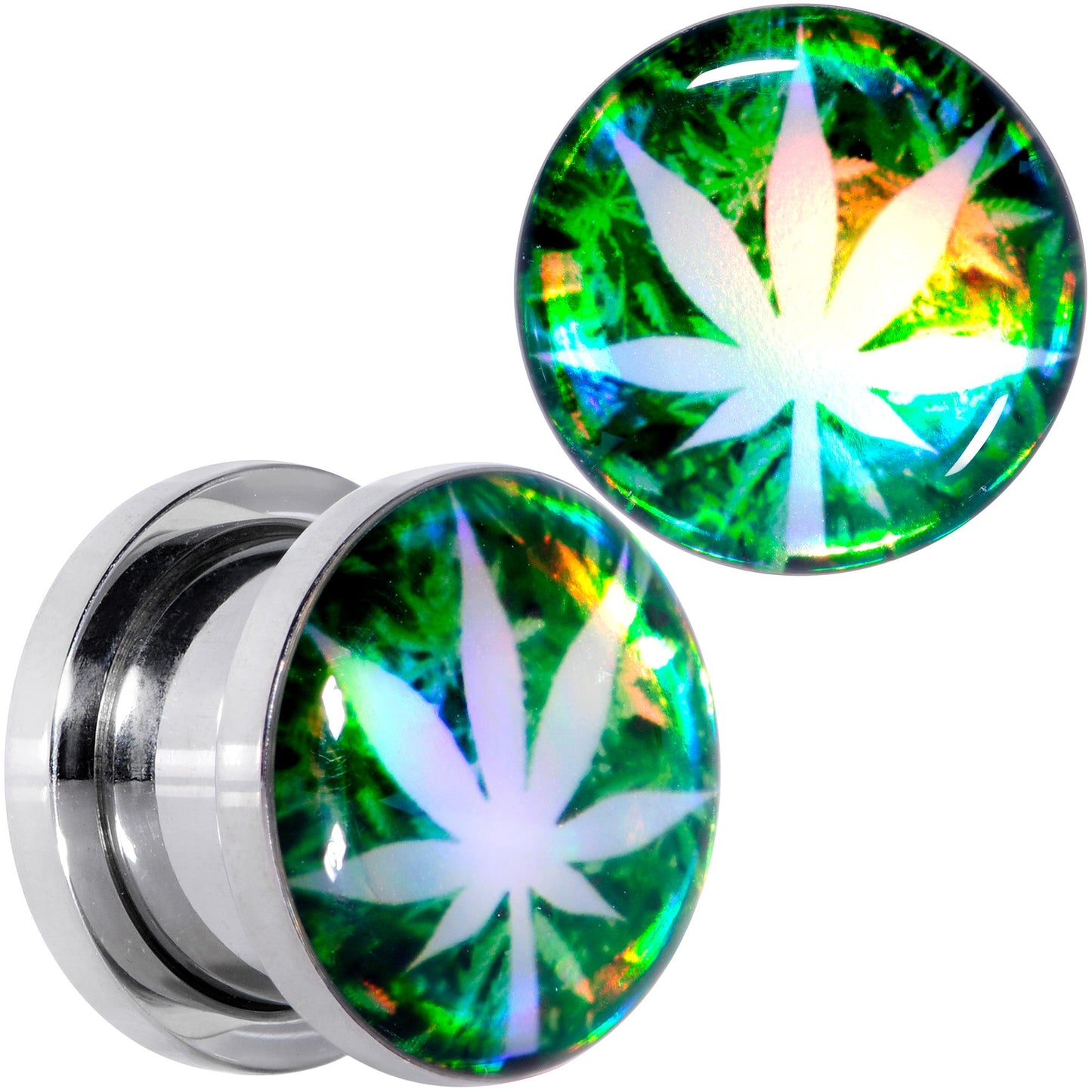 Green Hologram Marijuana Weed Leaf Screw Fit Plug Set 6G to 1 Inch